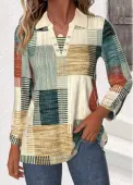 Modlily Multi Color Patchwork Geometric Print Long Sleeve Blouse - XXL