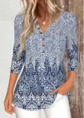 Modlily Blue Button Tribal Print Long Sleeve T Shirt - M