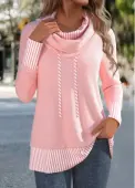 Modlily Light Pink Patchwork Striped Long Sleeve Cowl Neck Sweatshirt - M