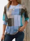 Modlily Blue Patchwork Geometric Print Long Sleeve T Shirt - M