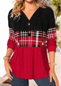 Modlily Red Patchwork Plaid Long Sleeve Hoodie - L
