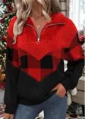 Modlily Christmas Black Patchwork Plaid Long Sleeve Sweatshirt - M