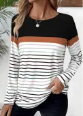 Modlily Black Patchwork Striped Long Sleeve Round Neck T Shirt - L