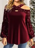 Modlily Wine Red Criss Cross Long Sleeve Blouse - S