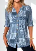 Modlily Denim Blue Lace Leaf Print Half Sleeve Blouse - M