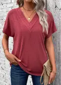 Modlily Brick Red Patchwork Short Sleeve V Neck T Shirt - L