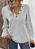 Modlily Light Grey Button Long Sleeve V Neck T Shirt - XXL