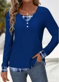Modlily Blue Button Plaid Long Sleeve Fake Two Piece Twinset - L