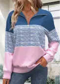 Modlily Dusty Blue Zipper Striped Long Sleeve Sweatshirt - XL