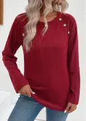 Modlily Wine Red Button Long Sleeve Round Neck T Shirt - XXL