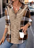Modlily Dark Coffee Patchwork Plaid Long Sleeve Hoodie - XXL
