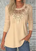 Modlily Light Camel Patchwork Long Sleeve Round Neck T Shirt - XL