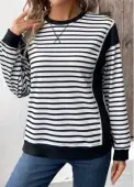 Modlily Black Patchwork Striped Long Sleeve Round Neck Sweatshirt - L