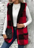 Modlily Red Patchwork Plaid Sleeveless Hooded Waistcoat - XL