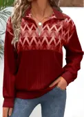 Modlily Red Zipper Geometric Print Long Sleeve V Neck Sweatshirt - M