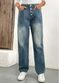 Modlily Denim Blue Button Straight Leg High Waisted Jeans - S