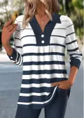 Modlily Navy Button Striped Long Sleeve Shirt - XL