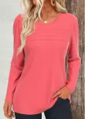 Modlily Coral Tuck Stitch Long Sleeve Round Neck T Shirt - XL