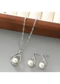 Modlily Silver Pearl Design Alloy Earrings and Necklace - One Size