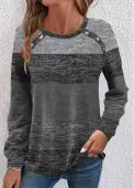 Modlily Dark Grey Button Long Sleeve Round Neck T Shirt - XXL