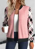 Modlily Pink Patchwork Plaid Long Sleeve Stand Collar Jacket - M