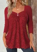 Modlily Red Lace Long Sleeve Square Neck T Shirt - L