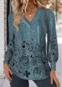 Modlily Peacock Blue Button Floral Print Long Sleeve T Shirt - L