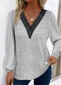 Modlily Light Grey Patchwork Long Sleeve V Neck T Shirt - XL