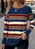Modlily Blue Patchwork Striped Long Sleeve Round Neck T Shirt - M