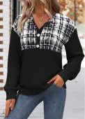 Modlily Black Button Plaid Long Sleeve Split Neck Sweatshirt - M
