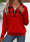 Modlily Red Patchwork Plaid Long Sleeve Turn Down Collar Sweatshirt - XXL
