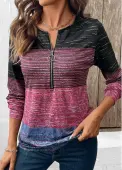 Modlily Multi Color Zipper Long Sleeve Round Neck Sweatshirt - L