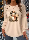 Modlily Christmas Skin Color Lace Long Sleeve Round Neck Sweatshirt - XXL