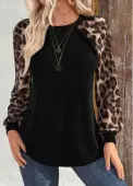 Modlily Black Patchwork Leopard Long Sleeve Round Neck Sweatshirt - L