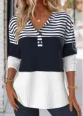 Modlily Navy Button Striped Long Sleeve Split Neck Sweatshirt - M