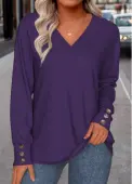 Modlily Purple Button Long Sleeve V Neck Sweatshirt - M