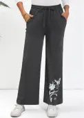 Modlily Dark Grey Drawstring Butterfly Print Wide Leg Pants - S