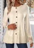 Modlily Beige Embroidery Long Sleeve Round Neck T Shirt - L
