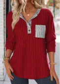 Modlily Wine Red Button Long Sleeve Split Neck Sweatshirt - L