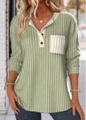 Modlily Sage Green Patchwork Long Sleeve Split Neck Sweatshirt - S