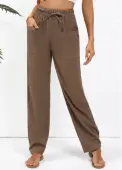 Modlily Dark Coffee Drawstring Straight Leg Elastic Waist Pants - M