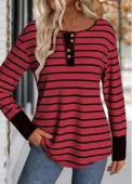 Modlily Wine Red Patchwork Striped Long Sleeve T Shirt - XL