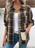 Modlily Dark Coffee Curved Hem Plaid Long Sleeve Shirt - XL