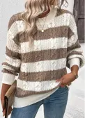 Modlily Dark Coffee Weave Striped Long Sleeve Round Neck Sweater - S