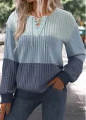 Modlily Blue Patchwork Long Sleeve Lace Up Collar Sweatshirt - M