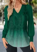 Modlily Green Patchwork Ombre Long Sleeve V Neck T Shirt - M
