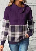 Modlily Purple Patchwork Plaid Long Sleeve Asymmetrical Neck Sweatshirt - L