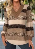 Modlily Light Coffee Patchwork Striped Long Sleeve T Shirt - XL
