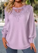 Modlily Light Purple Embroidery Long Sleeve Round Neck T Shirt - XXL