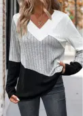 Modlily Multi Color Patchwork Long Sleeve V Neck T Shirt - L